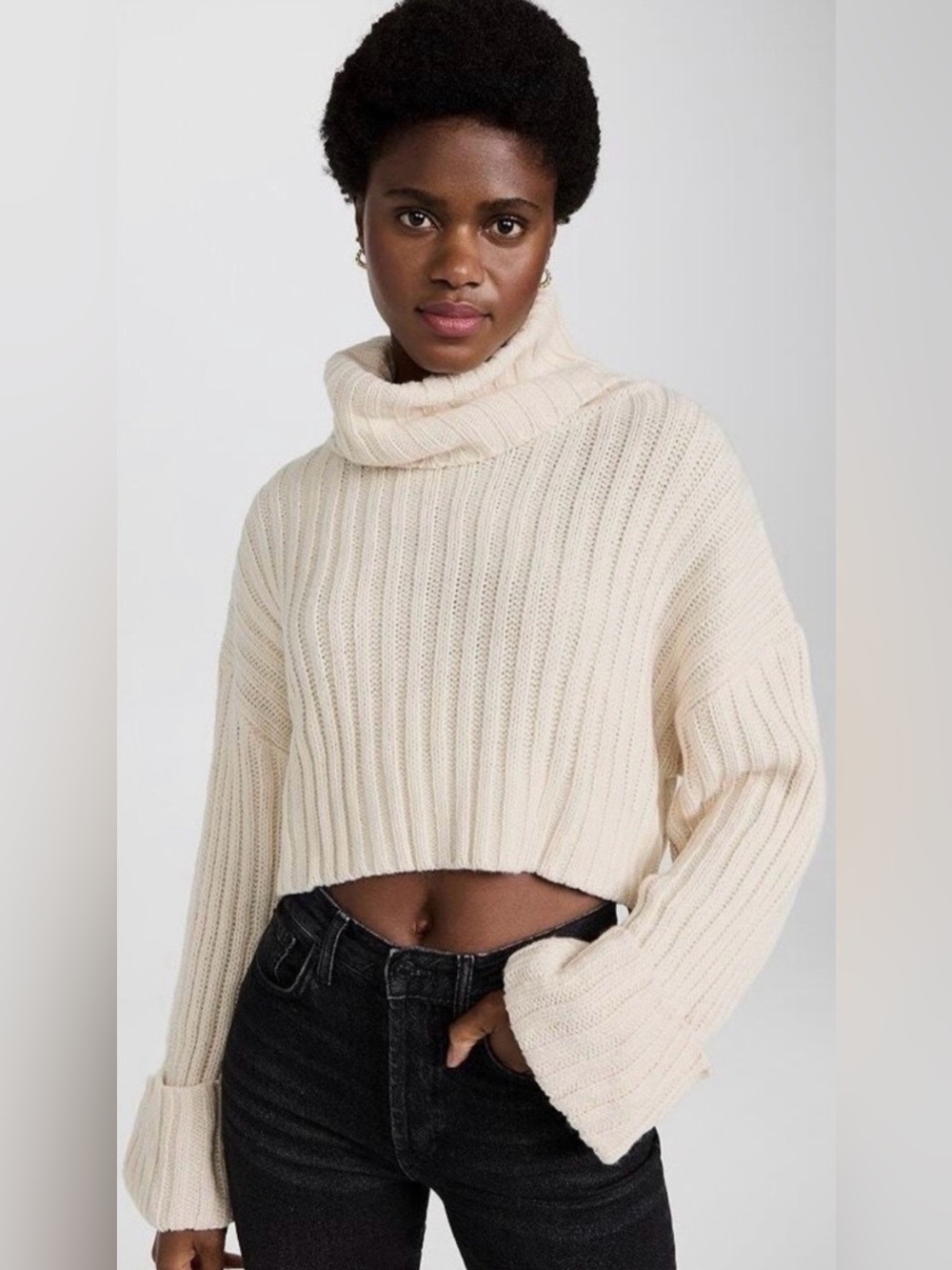 En Saison Renee Knit Turtleneck Cropped Sweater - Cream - US M